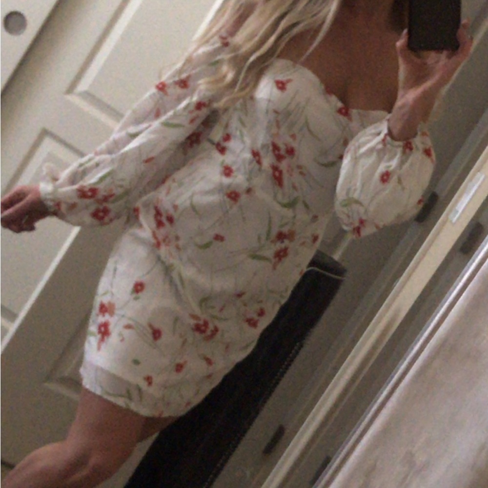 Misguided Floral Bardot balloon sleeve mini dress